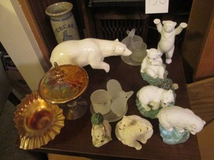 White bear decor and carnival glass