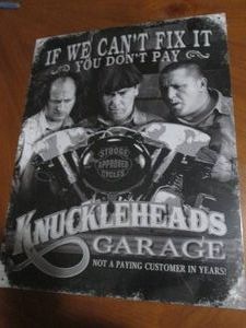 Knuckleheads garage metal sign measures 12 x 14 inches