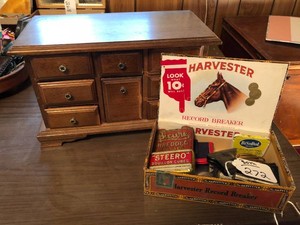 Hubley play cap gun, metal tins, Honer harmonica, musical jewelry box