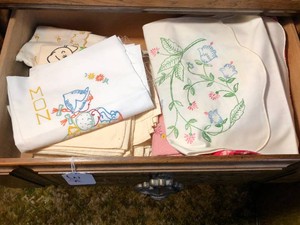 Painted and embroidered dish towels, tablecloths painted unfinished towel squares