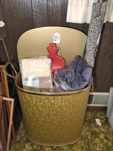 Hamper with lace curtains, some new, seat cover and more