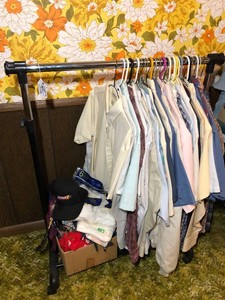 Clothes rack with mens shirts, hankies, ties some new