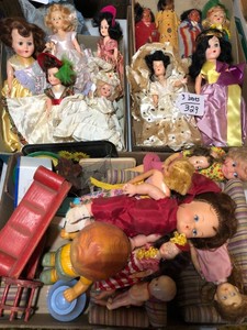 Dolls and doll furniture 3 boxes of