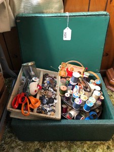 Case of assorted sewing notions and other items