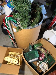Christmas decorations all in tub and boxes