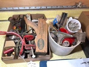 Vintage tools, cheese box, hammers, plastic pail with sprinkler