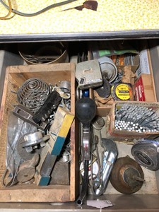 Nails, tape measures, flag holder, oiler all in drawer