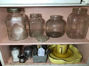 Jars, kitchen items, vintage silverware and yellow dishes