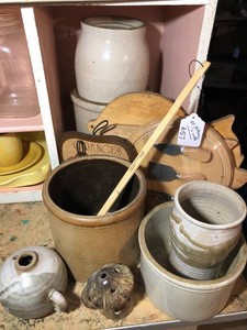 Crocks, pottery pcs. and pig bread boards
