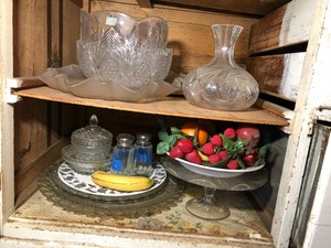 Decorative pressed glass bowls, platters and cake plate. Both shelves
