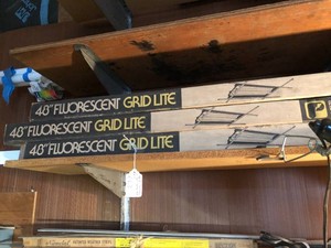 Fluorescent grid lights, vent and shelving