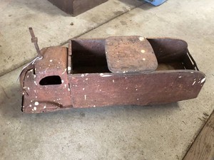 Vintage metal ride onpush toy truck, missing steer wheeling