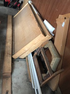 Assorted wood pieces, doors and paneling includes items in garage and basement