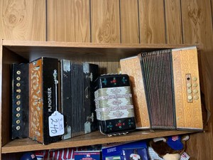 (2) Hohner concertinas and decorative wood bank concertina