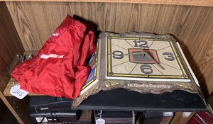 Old Style electric clock sign(did not light), Grain Belt jacket, MN beer bottle openers