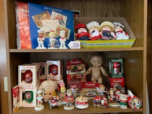 Campbells Soup collection - mugs, doll, ornaments all on 2 shelves