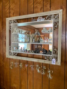 Shadow box mirror with figurines, Snow Babies and other knick knacks