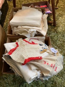Dish towels, Chase Bag Company material pieces, feed sacks, flannel pieces 2 boxes of