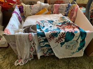 Crocheted linens and Green Giant apron