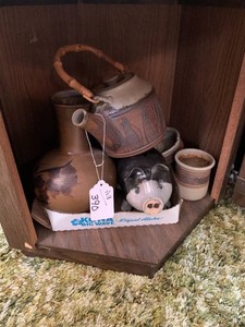 Pottery pieces, some Lester Prairie, pig bank