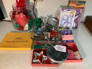 Easter and Valentine cookie cutters, glass tray and jar