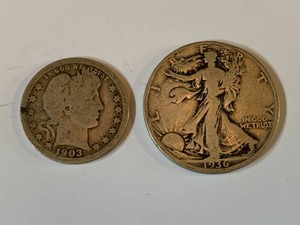 1936 Walking Liberty silver half dollar and 1903 Barber silver quarter