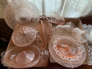 Pink depression glassware, not all matching 2 boxes of