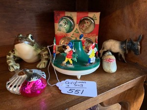 Vintage Christmas decorations, pottery frog
