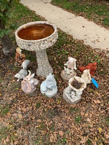 Garden statuary and cement bird bath