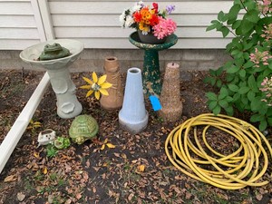 Bird baths, some cement and plastic, bird bath bases, ceramic frogs, turtle, hose