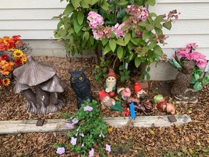 Cement mushrooms, ceramic and plastic garden gnomes and owl