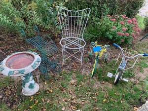 Metal trike plant holders, chair, flower cart, cement bird bath
