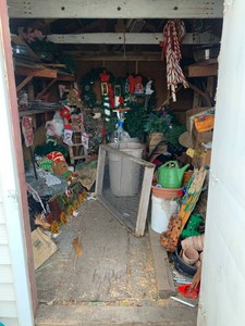 Contents of shed can take what you want - Christmas decorations, vehicle bench, sacks, metal cart and more