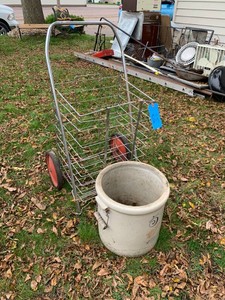 Red Wing 5 gallon crock, cracked metal cart