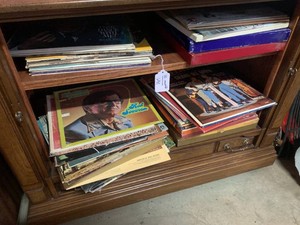 Vinyl records on top and bottom shelf