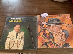 Hank Locklin and Grandpa Jones vinyl records, primitive metal handheld shucker or husker