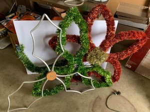 Christmas outdoor tinsel decorations, lighted nativity set, plastic lighted Santa