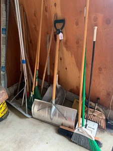 Yard and garden tools, mini blinds, box with tools