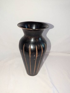 Black & Bronze-Tone Decorative Vase with Vertical Accents  Approximately 13 Tall
