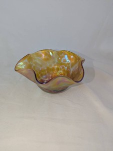 Iridescent Amber Art Glass Bowl with Ruffled Rim  Approximately 6 Wide