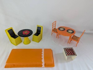 Vintage 1970 Mattel Barbie Furniture  8-Piece Lot with Dining Sets, Bed & Checkerboard Table