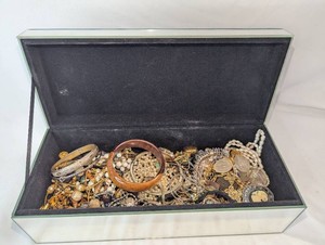 Assorted Vintage and Modern Jewelry Lot in Mirrored Blue Marble-Pattern Jewelry Box
