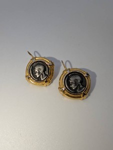 Classical Profile Coin-Style Earrings  Gold-Tone Frames with Dark Silver-Tone Centers