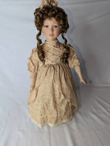 Victorian-Style Collectible Doll  Champagne Brocade Dress, Pearl Accents & Floral Hairpiece