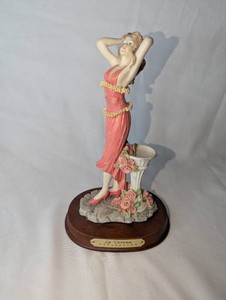 La Verona Collection Lady Figurine  Coral Dress with Gold Accents & Rose-Covered Pedestal