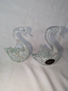 Pair of Hand-Blown Art Glass Swans  Clear Glass with White Swirls & Gold-Tone Flecks