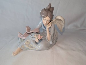Hand-Painted Seated Angel Figurine with Pink Rose & Floral Gown
