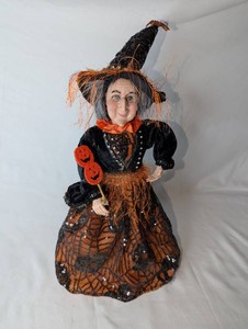 16 Halloween Witch Figure  Black & Orange Sequined Spiderweb Dress