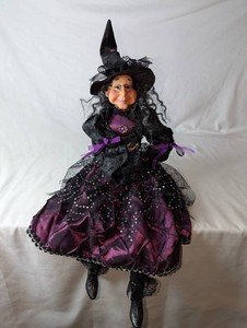 Purple & Black Seated Shelf Halloween Witch Doll with Sequined Dress