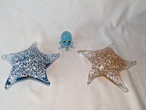 3-Piece Art Glass Sea Life Lot  Two Starfish & Mini Blue Octopus